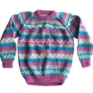 Vintage Colorful Crew Neck Sweater Chunky Thick Knit Wave Pattern Purple Teal L